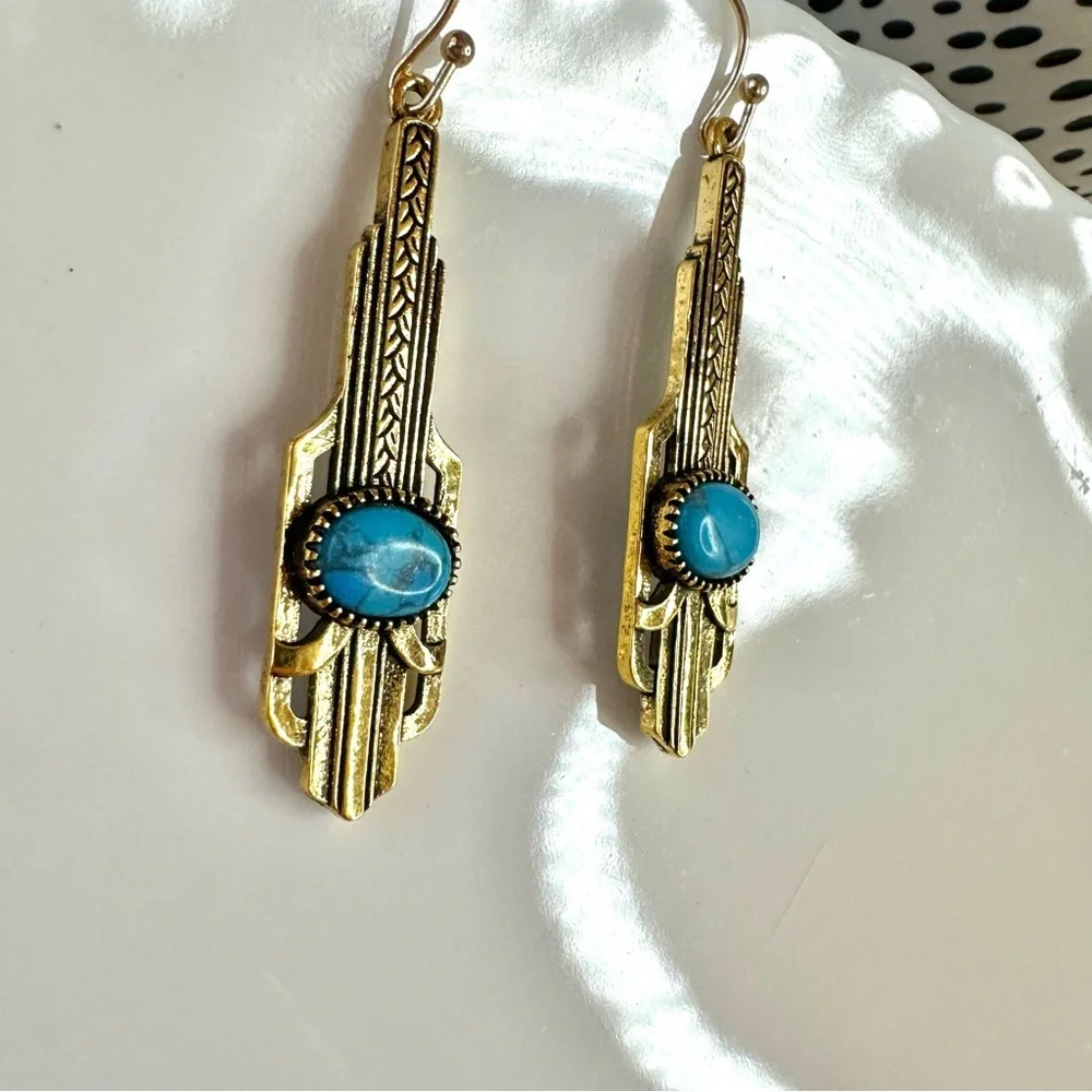2/$30🌵 Gold Turquoise Stone Art Deco Earrings Vintage Style Gatsby Jewelry NEW